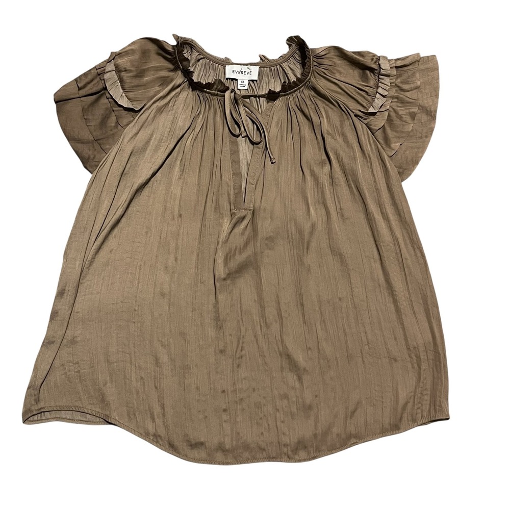 Evereve Women Brown Lydia Flutter Ruffle Tiered Sleeve Tie Neck Satin Blouse  xs